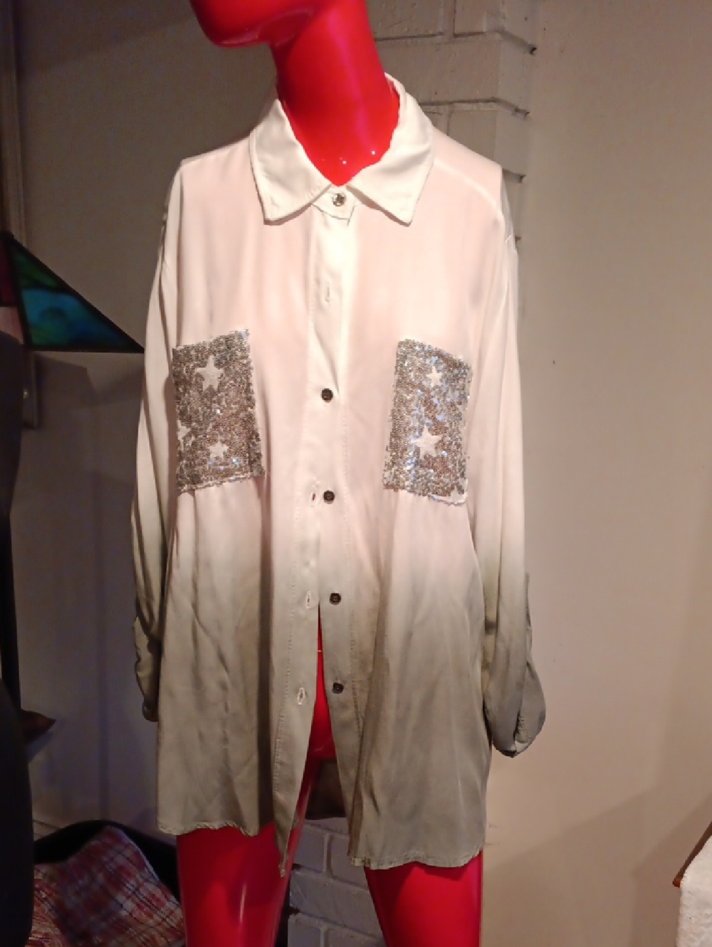 Ivory Button-Up Blouse with Silver Sequin Star Pockets